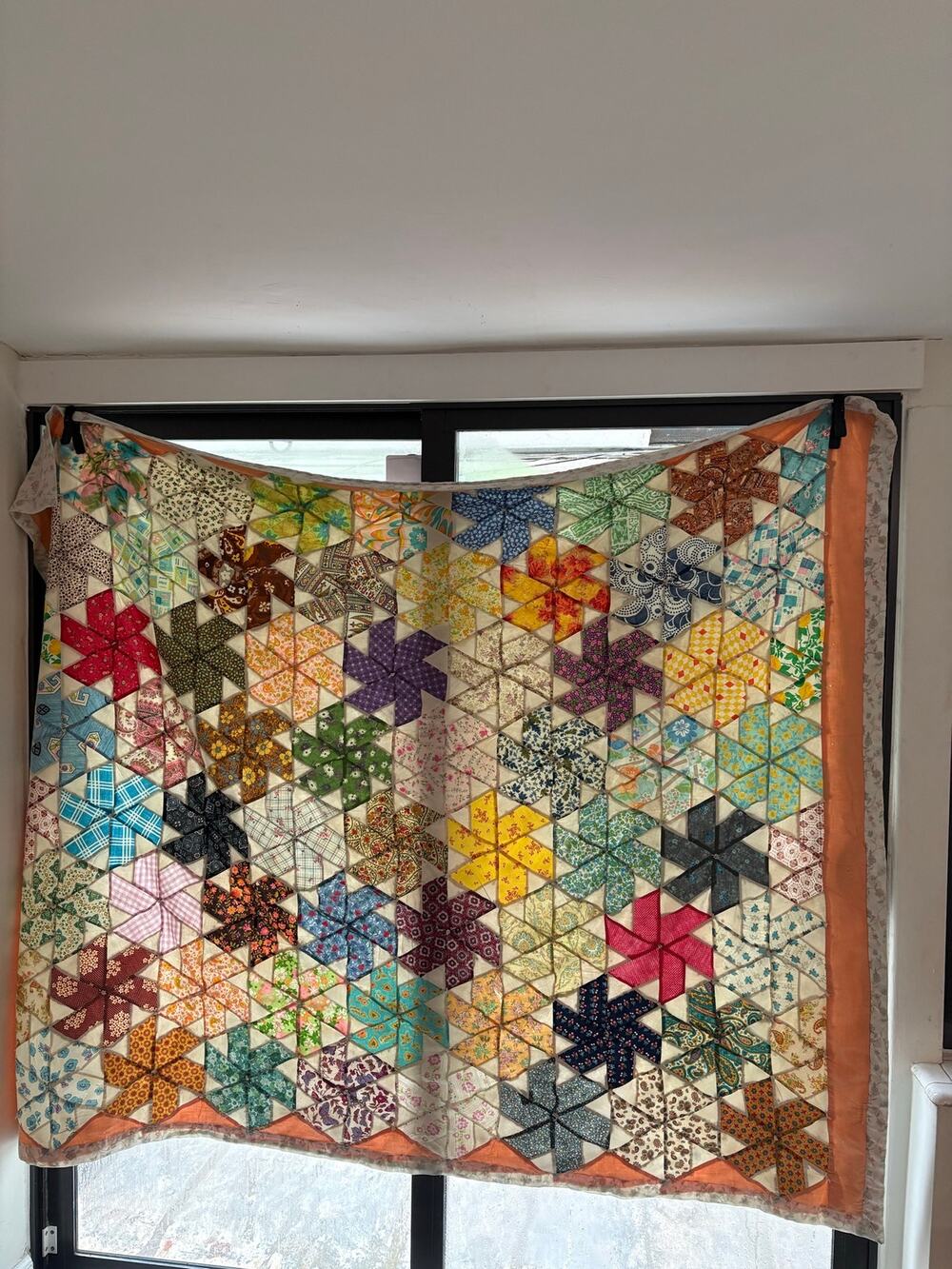 Vintage Handmade Patchwork Quilt – Pinwheel Star Feed Sack Style Floral Quilt